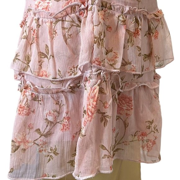 Divided Floral Bohemian Dress Medium M Baby Pink Back-Laced Lined Layered Ruffle - Picture 9 of 12